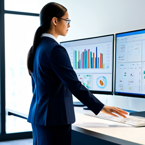 Home 4 A professional, fully clothed person in a modest business suit, standing in a brightly lit, modern tech office. In the foreground, a sleek, interactive user interface on a large monitor displays fluid animations, while in the background, the professional figure diligently manages complex data streams on a separate workstation, ensuring seamless background processing. The image conveys efficiency and advanced technology. Professional dress, appropriate attire, safe for work, perfect anatomy, correct proportions, natural pose, well-formed hands, proper finger count, natural body proportions, professional photography, high resolution, family-friendly, appropriate content.