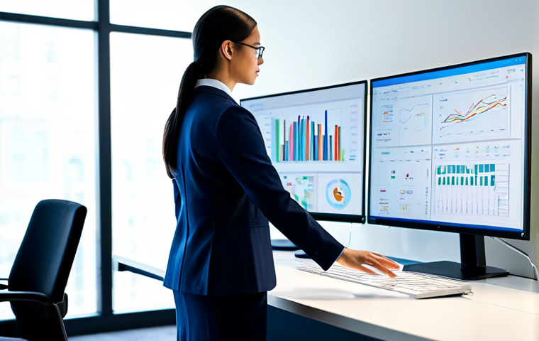 A professional, fully clothed person in a modest business suit, standing in a brightly lit, modern tech office. In the foreground, a sleek, interactive user interface on a large monitor displays fluid animations, while in the background, the professional figure diligently manages complex data streams on a separate workstation, ensuring seamless background processing. The image conveys efficiency and advanced technology. Professional dress, appropriate attire, safe for work, perfect anatomy, correct proportions, natural pose, well-formed hands, proper finger count, natural body proportions, professional photography, high resolution, family-friendly, appropriate content.