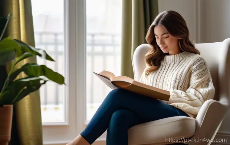 자바스크립트 성능 향상을 위한 상태 관리 기법 - A serene and cozy indoor scene featuring a young woman in her early twenties, with long, wavy brown ...