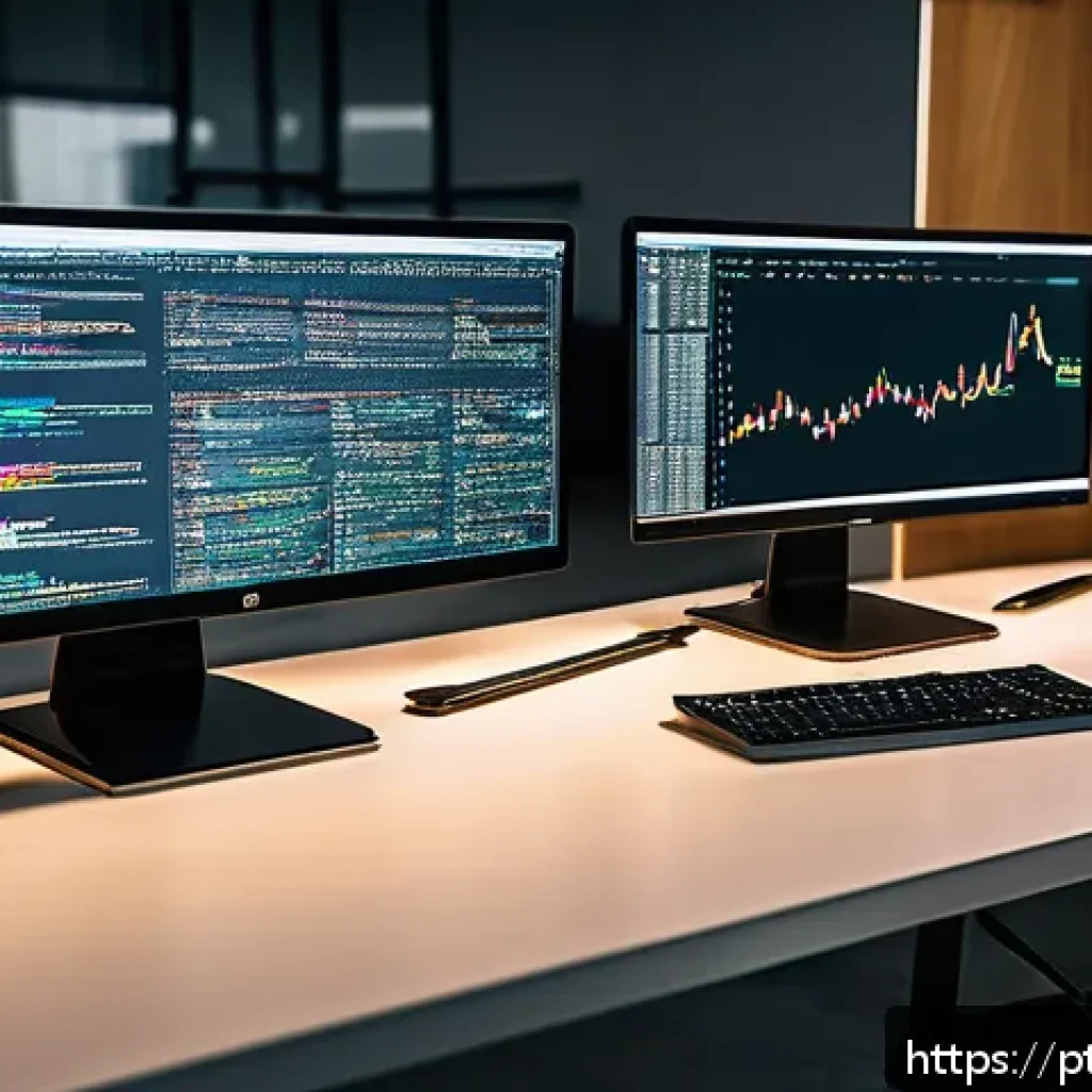 자바스크립트 객체 리터럴 최적화 방법 - A modern software developer’s workspace featuring multiple high-resolution monitors displaying compl...