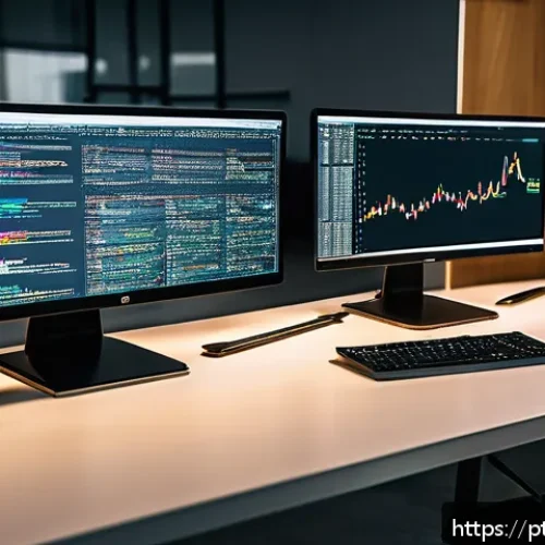 자바스크립트 객체 리터럴 최적화 방법 - A modern software developer&rsquo;s workspace featuring multiple high-resolution monitors displaying compl...