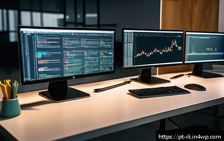 자바스크립트 객체 리터럴 최적화 방법 - A modern software developer&rsquo;s workspace featuring multiple high-resolution monitors displaying compl...