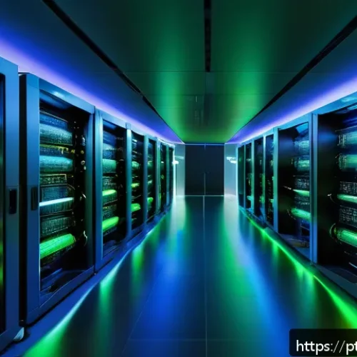 자바스크립트 성능 향상을 위한 클라이언트 서버 통신 최적화 - A detailed, futuristic server room with glowing blue and green lights representing data flow paths b...