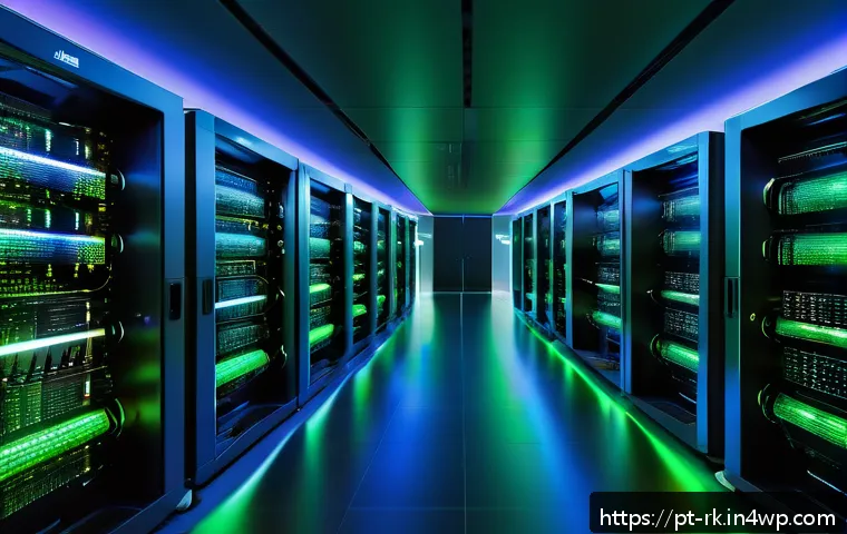 자바스크립트 성능 향상을 위한 클라이언트 서버 통신 최적화 - A detailed, futuristic server room with glowing blue and green lights representing data flow paths b...