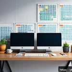 자바스크립트 성능 최적화를 위한 글로벌 스코프 관리 - A detailed digital illustration of a modern web developer&rsquo;s workspace featuring multiple monitors di...