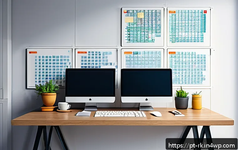 자바스크립트 성능 최적화를 위한 글로벌 스코프 관리 - A detailed digital illustration of a modern web developer’s workspace featuring multiple monitors di...