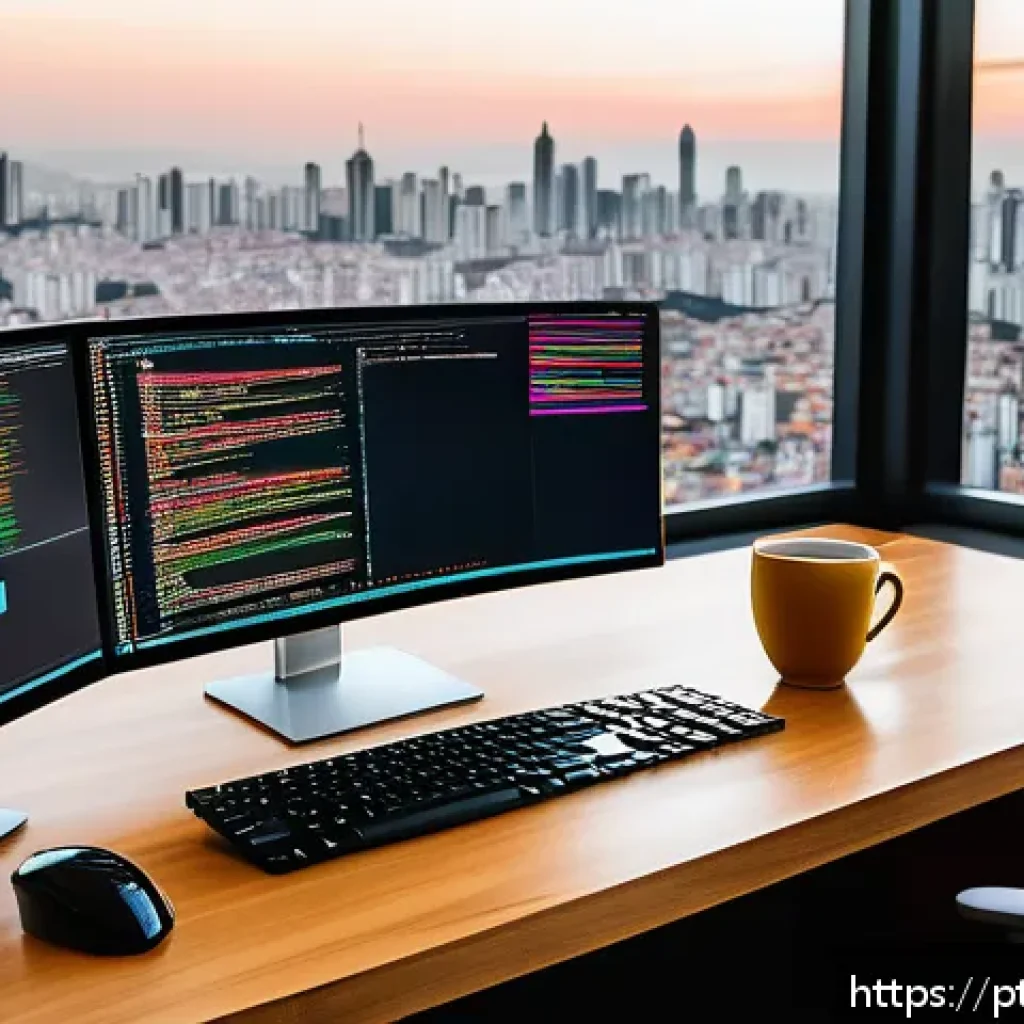 자바스크립트 성능 최적화를 위한 도구 소개 - A modern software developer workspace featuring a large ultra-wide monitor displaying a detailed Jav...