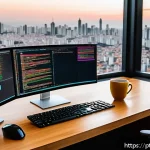 자바스크립트 성능 최적화를 위한 도구 소개 - A modern software developer workspace featuring a large ultra-wide monitor displaying a detailed Jav...