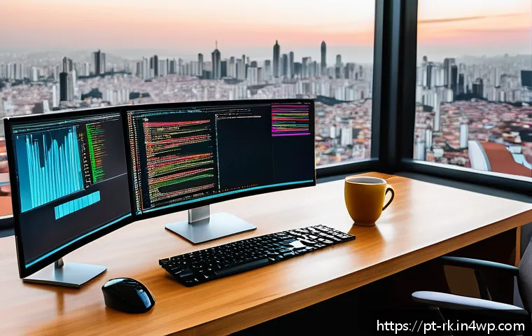 자바스크립트 성능 최적화를 위한 도구 소개 - A modern software developer workspace featuring a large ultra-wide monitor displaying a detailed Jav...